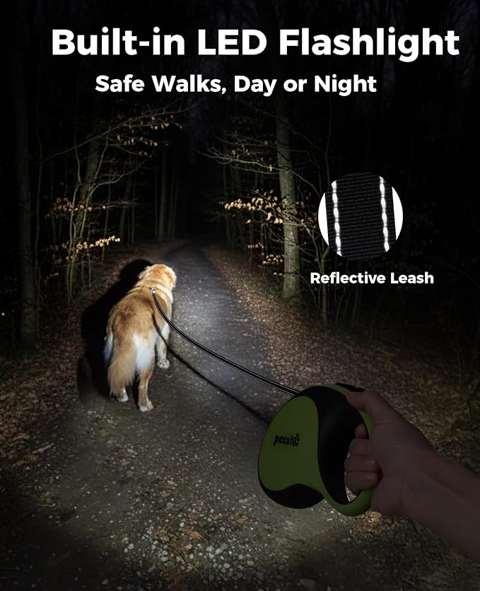 Retractable Dog Leash for Large Dog with Light Rechargeable, 16ft Heavy Duty Retractable Pet Leash with One-Button Control, Anti-Twist Protection, Reflective Leash for Large Dogs Up to 110 lbs