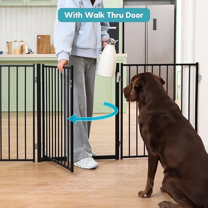 No Pawblems Full Metal Freestanding Dog Gate with Door, 30" Tall | Foldable Pet & Dog Fence for Stairs/Deck/Doorways, Indoor/Outdoor, Freestanding & Wall Mount, 104" Wide, 4 Panels, Black