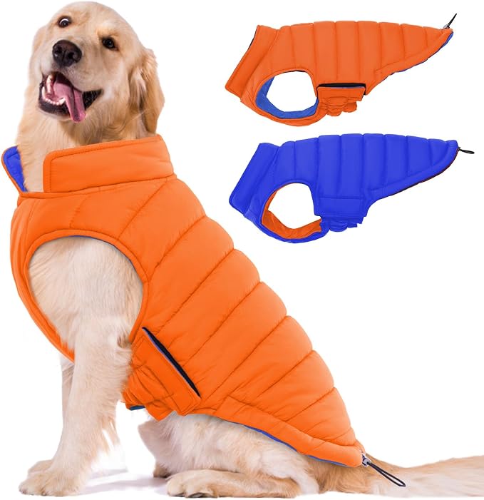 Lelepet Reversible Dog Coat Windproof Dog Puffer Jacket Lightweight Vest | Soft Puffer Vest Warm Winter Coats for Large Dogs Adjustbale Hook & Loop Pet Apparel with Leash Hole, Golden Retriever, 3XL