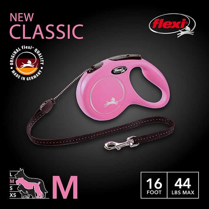 FLEXI® Classic Cord Retractable Dog Leash, Medium, 16 ft - Pink | German engineered, original flexi leash, durable quality for dogs up to 44 lbs, tangle-free, walking, reliable brake system