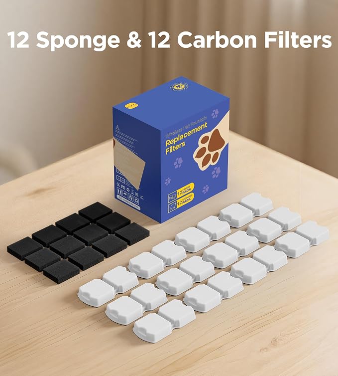 Cat Water Fountain Filters: 12Pack Replacement Pet Fountain Filter of 12 Carbon Filters & 12 Sponges for S15/S15-Pro/S15-Plus - Use for HOOISE GIOTOHUN ATMZIQXR IHOUONE KOOGMOON Pet Water Dispenser