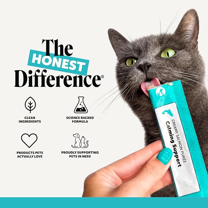 Pet Honesty Cat Lickable Treats with L-Theanine & Chamomile - Squeezable Puree Pouches for Cats - Behavior Support for Travel, Vet Visits, Grooming, & Separation (Salmon, 20 Ct)