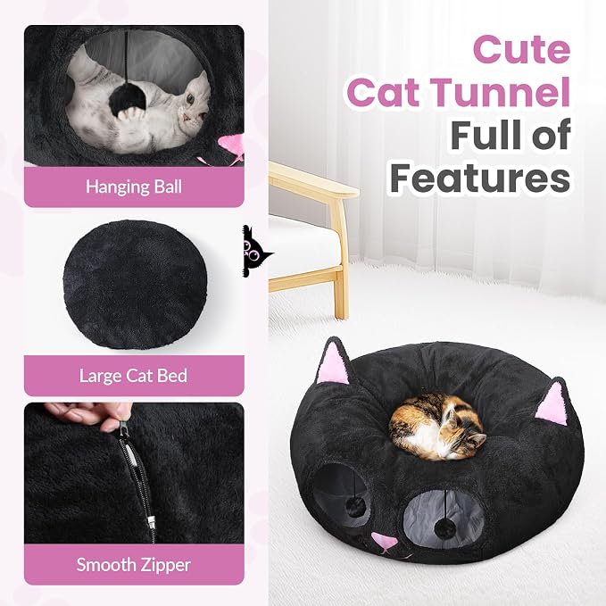Baseola Fuzzy Cat Tunnel Bed for Indoor Cats, 2-in-1 Interactive Cat Toys | Peekaboo Cat Cave with Washable Mat, Collapsible Cat Play Tunnel for Kittens & Small Pets, Cat Donut Bed Tunnel, Black Pink
