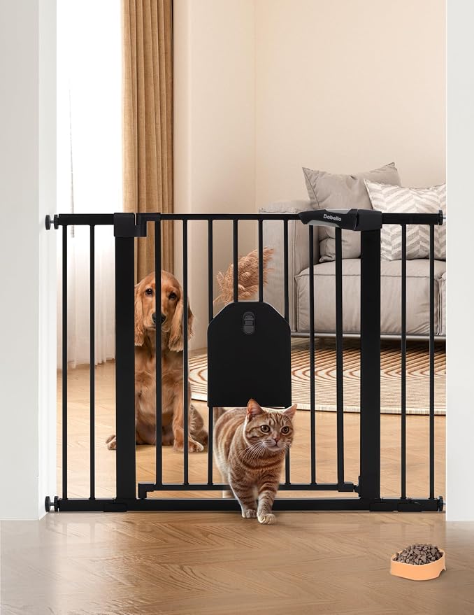 Babelio Auto Close Baby Gate with Cat Door, CatPrivilege I, 29-43" | Safety Gate for Doorway & Stairs, Easy Walk Thru with Pet Door, Includes 4 Wall Cups and 3 Extension Pieces, Black
