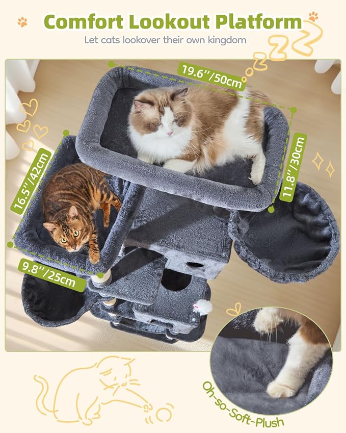 Taoqimiao 76in Cat Tree, Tall Sturdy Cat Tower for Large Indoor Cats MS046G | Easy assembly, Sturdy, Multi Level, Easy Clean, Cozy Condo, Perches, Baskets, Suitable for Kittens and Adult Cats