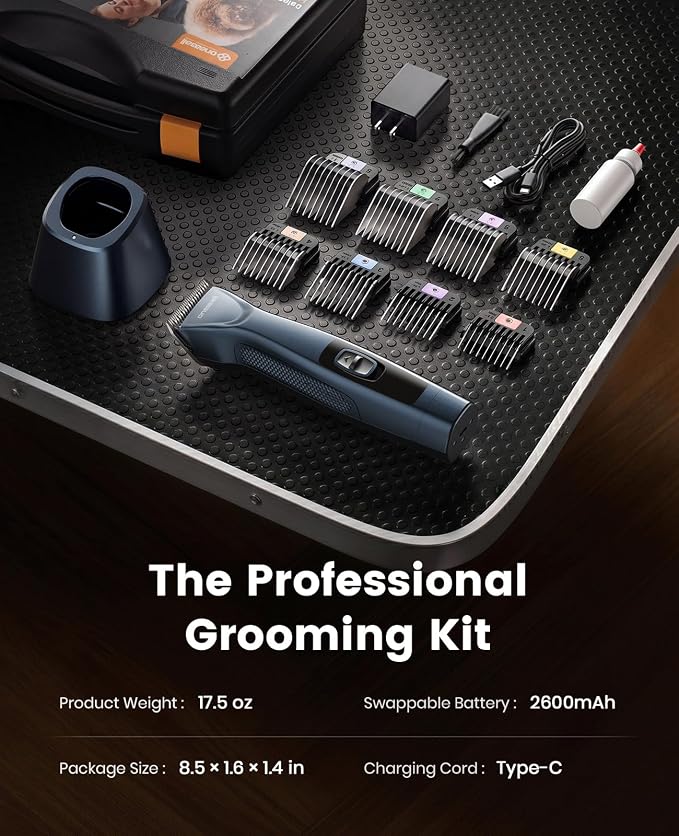 oneisall Professional Dog Clippers 8 Metal Combs with Carring Case | 3700SPM 2-Speed, 2600mAh Swappable Battery, Low Noise Dog Grooming Clippers for Thick Long Curly Matted Hair