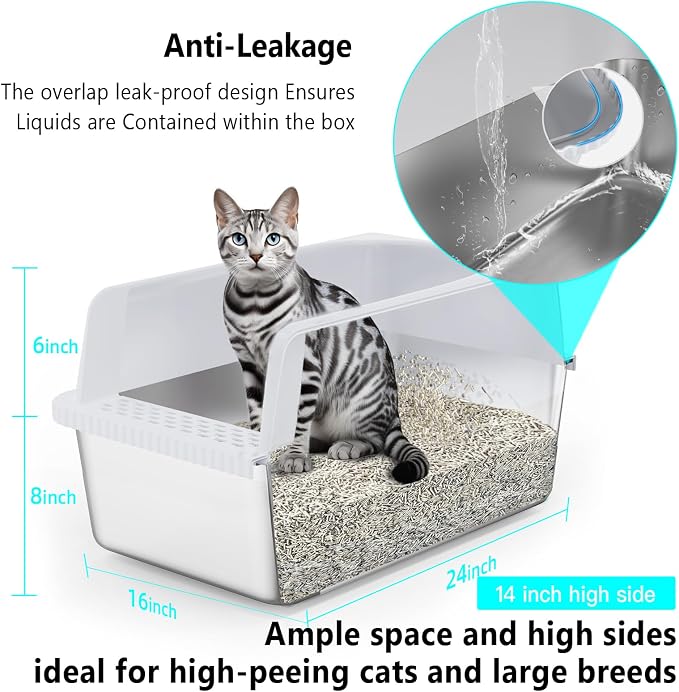Stainless Steel XXL Cat Litter Box for Big Cats- Metal Extra Large Litter Box with Lid, Include Metal Litter Scoop,Mat. High Sided with Guard Prevent Splashing. No Smell, Always New After Clean.