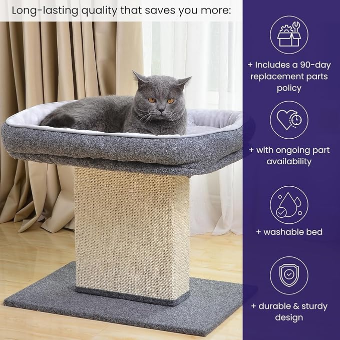 Catry Cat Perch with Washable Replaceable Bed & Wide Sisal Scratching Post | Cat Tree with Washable Replaceable Bed for Large Cats, Thick Sisal Scratching Post, Sturdy Cat Tower, Easy Assembly Cat Tree