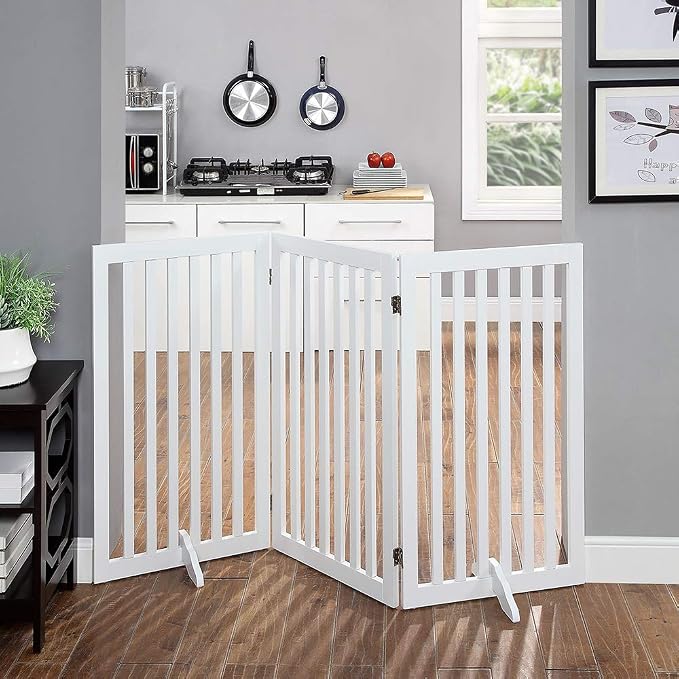 unipaws 36”H Free Standing Pet Gate for Dog, Tall Wooden Dog Gate, 60” Wide | Foldable Pet Fence for Doorway, Stairs, Step, Expandable Doggy Barrier, Room Divider, Indoor Use, White