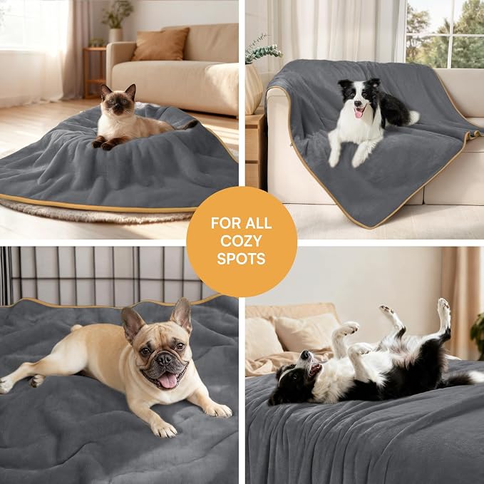 Luciphia Waterproof Blanket for Large Dog, Reversible Sherpa Couch Cover | waterproof pet blanket sherpa fleece reversible couch cover bed protector car from spills scratches, Grey+Beige 65" x 57"