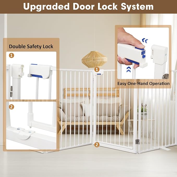Metal Freestanding Dog Gates with Door,Extra Wide 24", 32" Height Foldable Dog Fence for Indoor & Outdoor, Heavy Duty Freestanding Pet Barrier for Stairs, Doorways, Halls, Kitchen,Yard,Christmas Tree