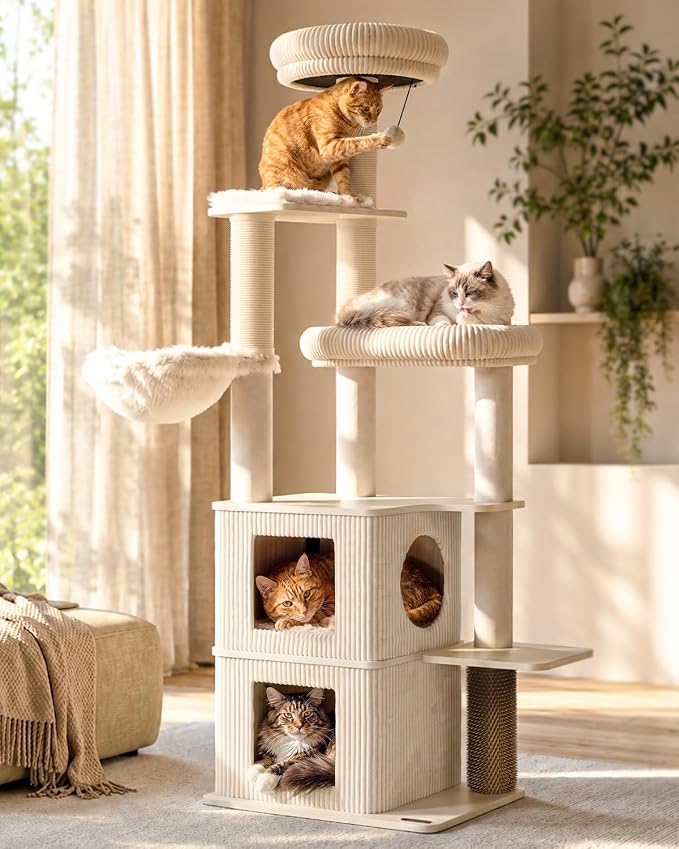 63" Heavy Duty Cat Tree for Indoor Cats, Sturdy Cat Tower for Large Cats with Scratching Post, Plush Top Perch, Cat Condo (White Oak)