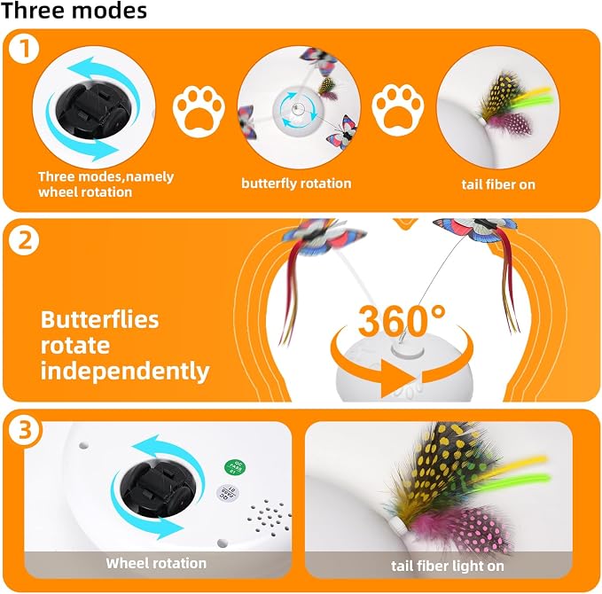 Cat Toy 3in1 Automatic Interactive Wand Toy for Indoor Cats,Moving Butterfly&Glowing Feathers Speedy Tail,Rechargeable Cat Enrichment Toys for Kittens