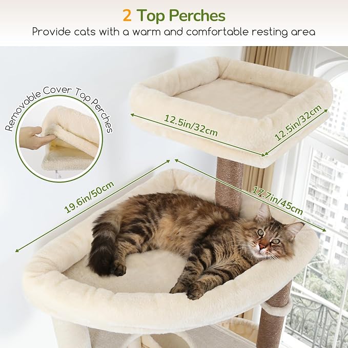 Globlazer F83C Heavy Duty Tall Cat Tree, 83in Multi-Level Tower, Beige | Easy Assembly, Maine Coon, Large Cats, Tall Tower, 2 Condos, 3 Hanging Baskets, 2 Perches, 7 Sisal Posts, Anti-Topple Strap
