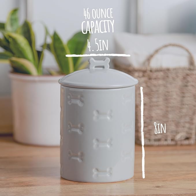Ceramic Pet Treat Jar with Airtight Lid for Dogs, Cats, Puppies and More, Chic Kitchen Countertop Container for Cookies, Biscuits and Treats (Manor, Grey, 1.4 Qt)