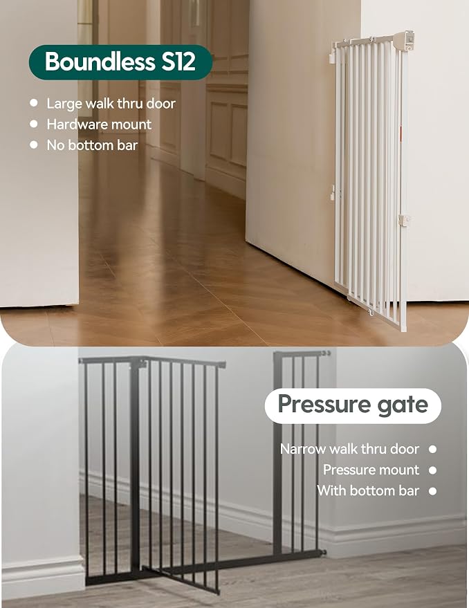 Babelio Extra Wide No Bottom Bar Baby/Dog Gate, 28" H, 29.7-46.5" W, White | Hardware Mount Pet Gate for Indoor Doorways and Hallways with Auto Close, Stay-Open, Wide Walk-through Door, Easy Install