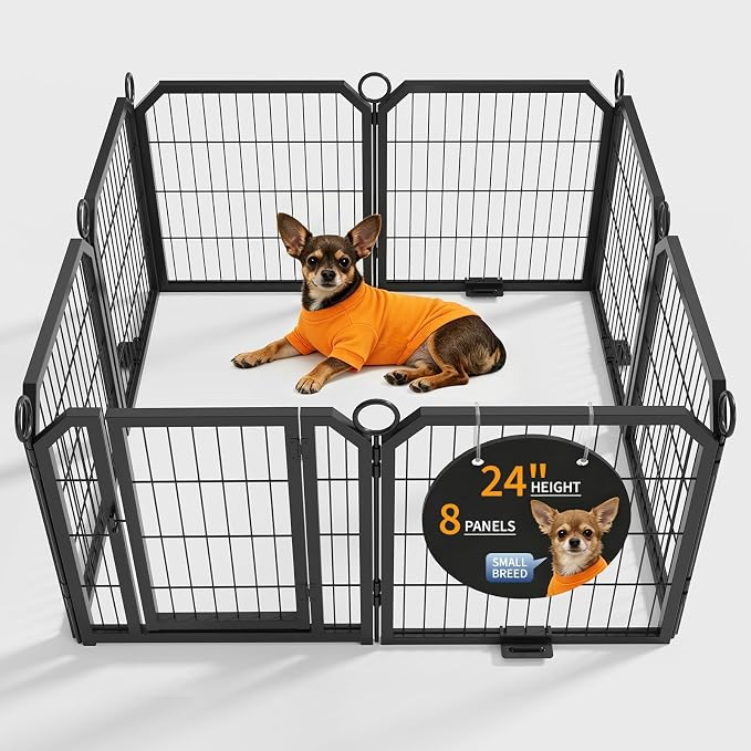 Small Dog Playpen Indoor 24 Inch 8 Panels Pet Pen with Door & Stakes Portable Exercise Puppy Playpens Metal Dogs Fence Outdoor for Yard RV Camping Training Trips Foldable Expandable