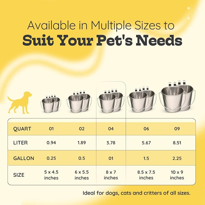4 Quart Stainless Steel Flat Sided Bucket with Dual Hooks | 2 Pcs Durable Food & Water Bowl for Dogs Cats Goat & Livestock | Fits kennel Cage Critter Crate Hanging Pet Pail | Multipurpose