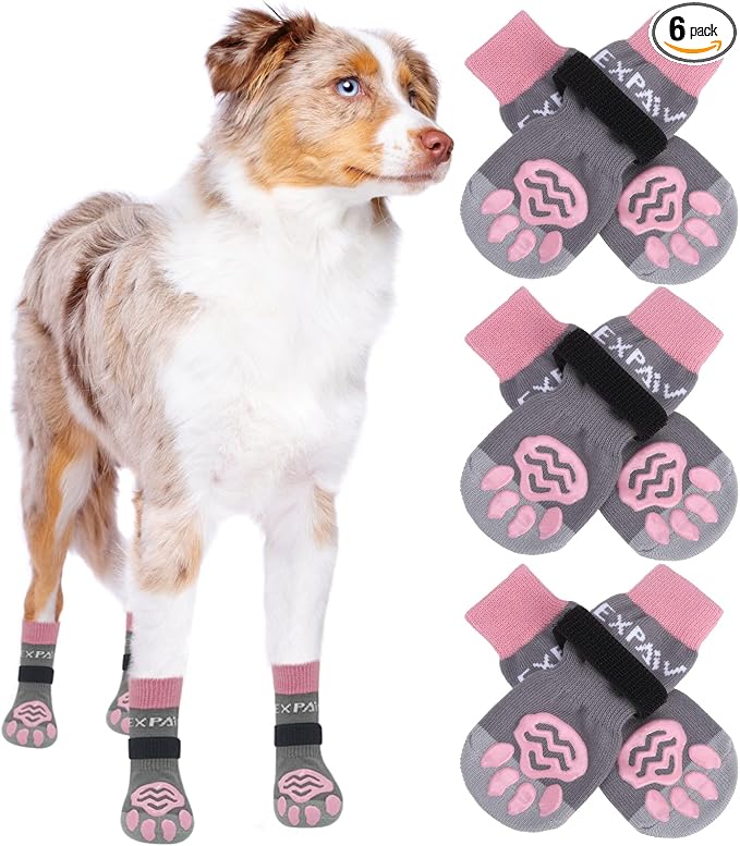 EXPAWLORER 6PCS Anti-Slip Dog Socks to Prevent Licking Paws,Dog Shoes for Hot Pavement,Best Paw Protector Traction Control on Hardwood Floor,Dog Booties for Puppy Small Medium Large Senior Dogs