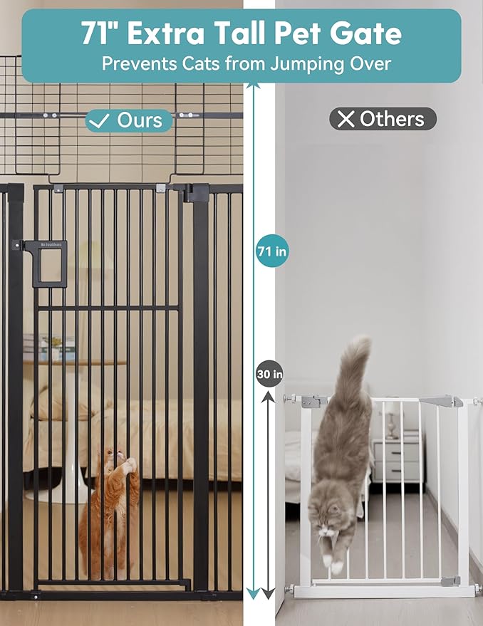 No Pawblems 71" Extra Tall Pet Gate, 29"-43" Wide Pressure Mounted, Black | 1.37" Ultra Narrow Spacing, Auto-Close Tall Cat Gate for Doorway, Dual-Lock, One-handed Operation