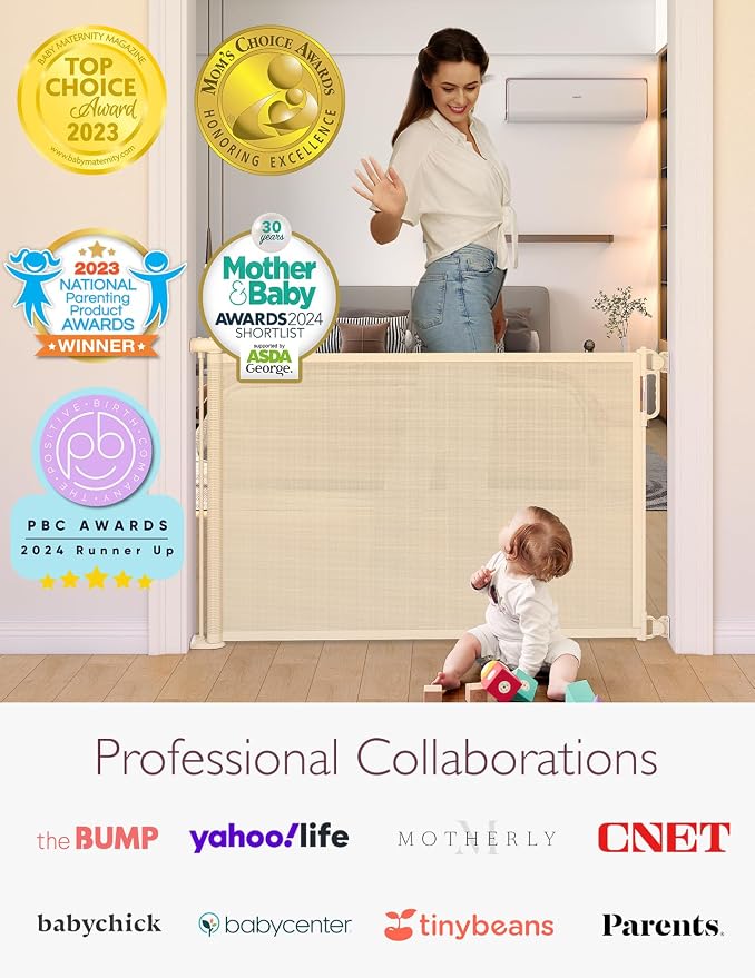 Momcozy Retractable Easy-to-Use Mesh Baby Gate | 33-Inch Tall, Extends to 55-Inch Wide, for Stairs, Doorways, Hallways, for Pet Dogs and Cats, Indoor/Outdoor Baby Gate