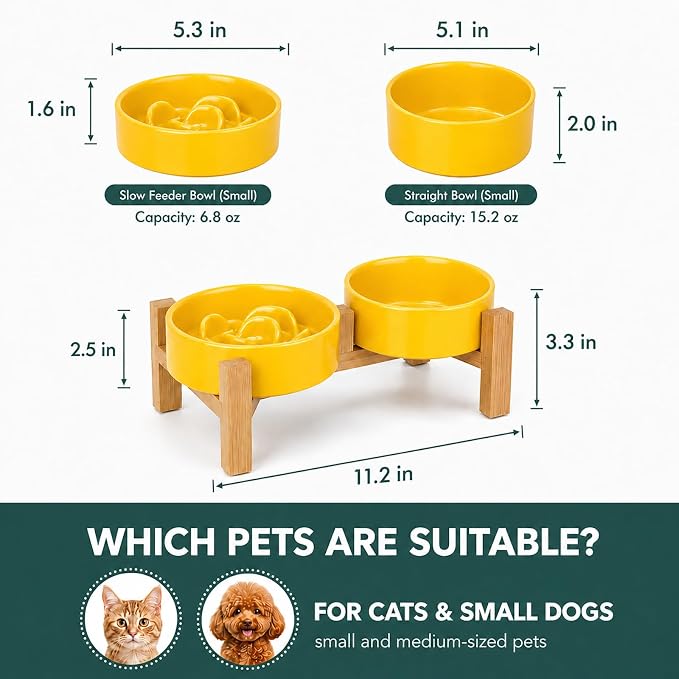Ceramic Slow Feeder Dog Bowls with Raised Stand, 0.9 Cups Elevated Slow Feeding Bowl for Small Dogs and Cats, Non-Slip Pet Food Dish Helps Reduce Gulping and Bloating