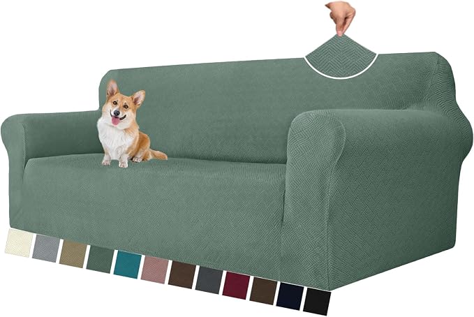 MAXIJIN Couch Covers for 3 Cushion Couch Sofa (71"-91"), 1-Piece Stretch Sofa Cover Slipcover Furniture Protector with Elastic Bottom for Kids,Dogs (Large, Diamond Pattern Pea Green)