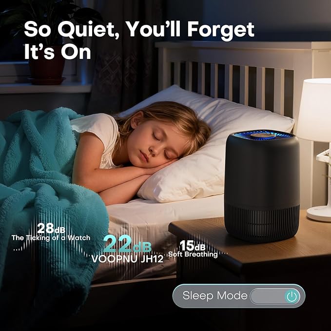 VOOPNU Air Purifiers for Bedroom, High Efficiency Filter, 1076 Ft², Black | for Pet Hair Odors Pollen Smoke, with 3 Speeds Timer Aroma 22dB Quiet 360°Intake, Compact Air Cleaner for Home Dorm Room