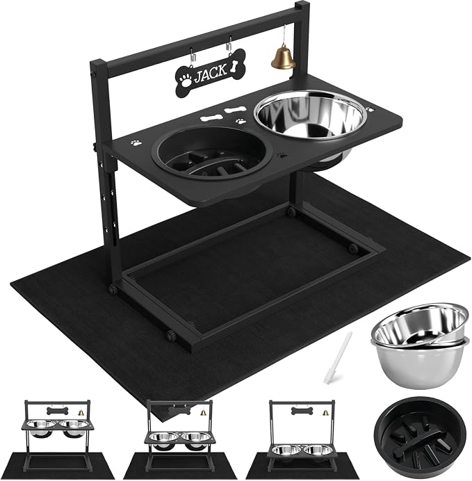 Elevated Dog Bowls with Slow Feeder and Spill Proof Mat, Adjustable Height 4.3-11.8'', Two 1.7L Stainless Steel Food & Water Bowls, Metal Raised Dog Bowl Stand, for Large Medium Breeds