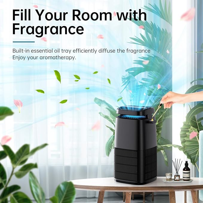 POMORON Air Purifiers for Home with Negative Ion and UV, MJ002H, Black | Negative Ion Function, UV Function, True H13 Filter, 8/12/24 hours Timer, Fragrance Diffuse