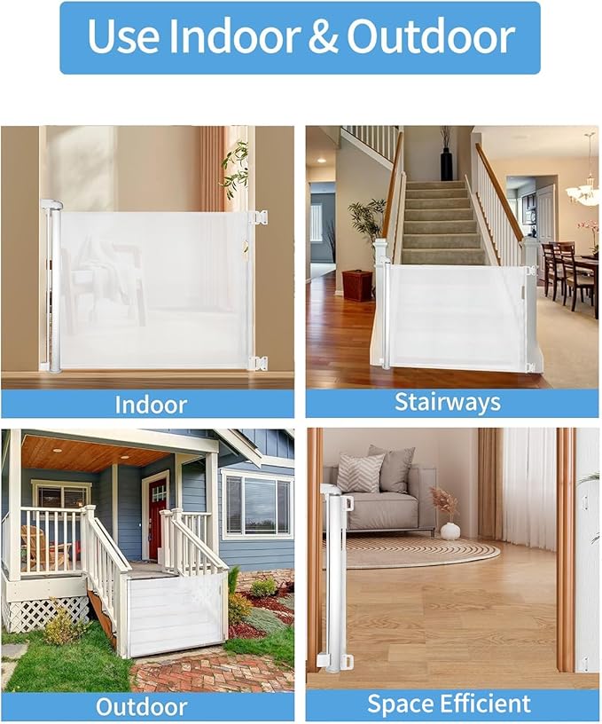 Retractable Baby Gate for Stairs – 33” Height, Expands up to 71” Width – Safety Gate for Infants, Toddlers, Dogs & Pets – Easy Install, Secure Closure, White Mesh Design for Indoor & Outdoor Use