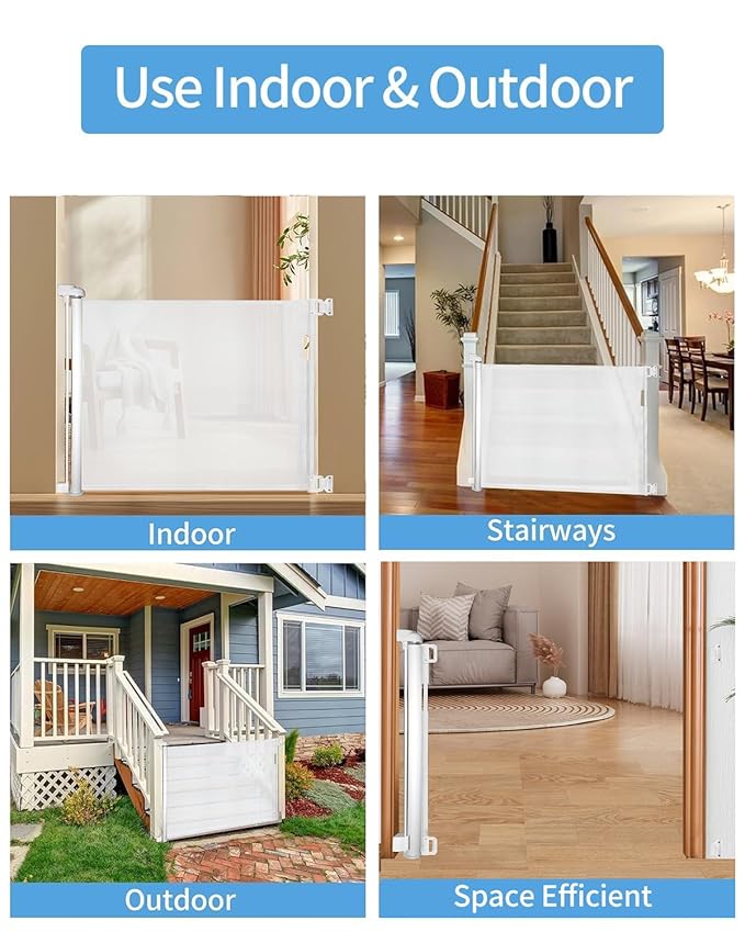 Veraste Retractable Baby Gate for Doorways and Stairs, Mesh Safety Gate for Pet, Indoor & Outdoor Use, One-Hand Operation, Easy Installation, 33.6" Tall, Expands to 55" Wide（White,33.6"x55"