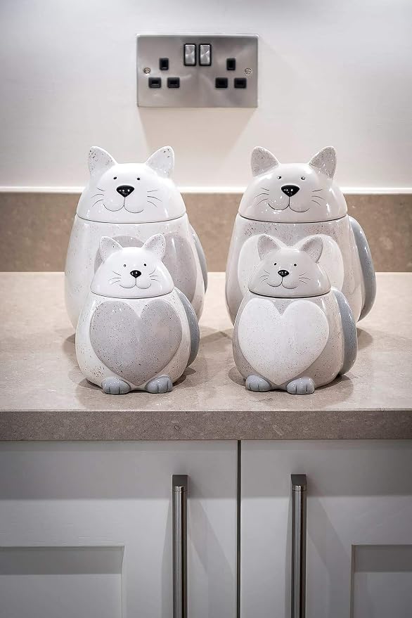 SPOTTED DOG GIFT COMPANY Ceramic Cookie Jar with Lid, Large Cat Treat Container for Cookies & Biscuits, Cute Novelty Kitchen Storage for Countertop, Gifts for Cat Lovers - 43oz White