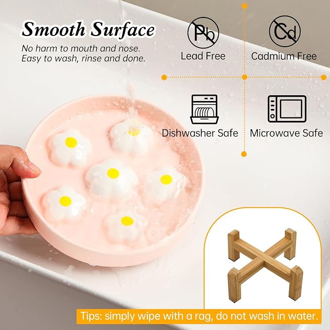 Elevated Ceramic Slow Feeder Cat Bowl with Anti-Slip Bamboo Stand | 6.3" Wide Whisker Friendly, Slow Eating 3x, Dry & Wet Food, Cute Flower-Shaped Maze, Microwave & Dishwasher Safe, White