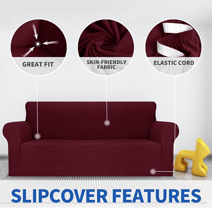 MAXIJIN Stretch Oversized Couch Covers for 3 Cushion Couch (91"-110"), 1-Piece Large Sofa Cover Slipcover Furniture Protector for Kids,Dogs (Extra Large, Diamond Pattern Wine Red)
