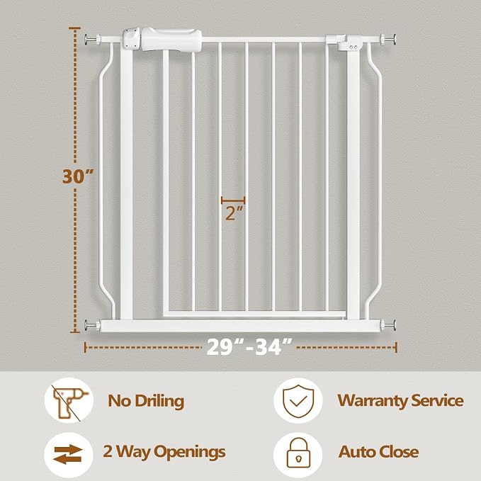 Fairy Baby 29-34 Inch Extra Wide Baby Gates for Doorways Stairs Hallway | Walk Through Pressure Mounted Baby Gates, Indoor Safety Child Gates for Kids or Pets, Double-Lock, One-Hand Operation, White