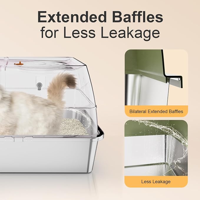Stainless Steel Litter Box with Lid, XL Extra Large Litter Box, Enclosed Top Entry Metal Litterbox for Big Cat, Easy Cleaning, Anti-Leakage & High Sided with Mat, Aisle & Scoop, Green