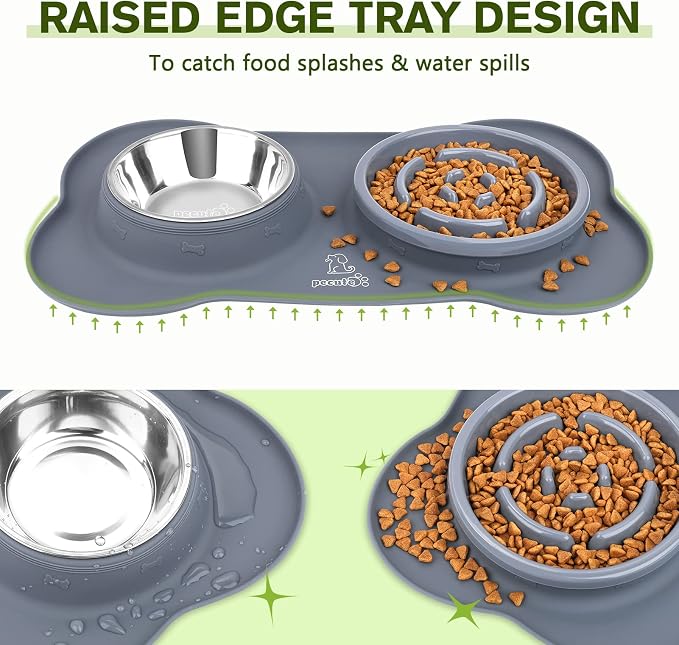 Pecute Slow Feeder Dog Bowls to Slow Down Eating, Dog Slow Feeder Bowl | No-Spill Non-Skid Silicone Mat, Food-Grade Safe Dog Food Bowls Slow Feeder, Stainless Steel Dog Water Bowl for Dogs Cats