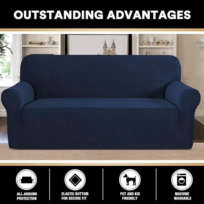 Stretch Sofa Cover Slipcover Couch Covers for 3 Cushion Couch Furniture Protector Sofa Covers with Non Slip Elastic Bottom Dogs Pet Friendly Fitted(Large Sofa 90"-100",Navy)
