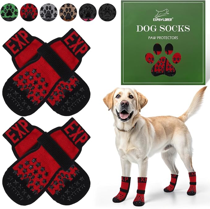 EXPAWLORER Anti Slip Dog Socks to Prevent Licking Paws, Dog Shoes for Hot Pavement, Booties for Hardwood Floors, Dog Boots & Paw Protectors with Grippers for Small Medium Large Senior Dogs Red