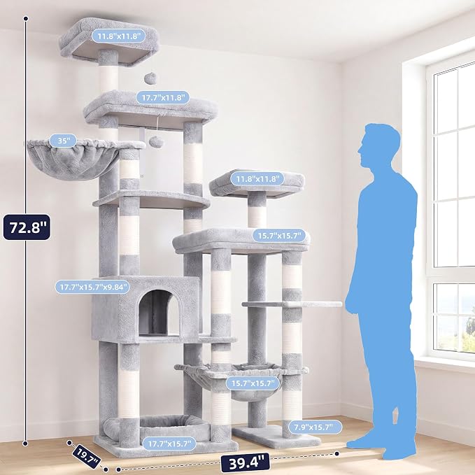 Hey-brother Cat Tree Tower, Wide Base, 5 Platforms for Multi-Cats, MPJ074W | 72.8 Inches Tall Furniture, 5 Plush Beds, Large Condo, Big Hammocks, Sisal Scratching Posts, for Indoor Adult Cat, Light Gray