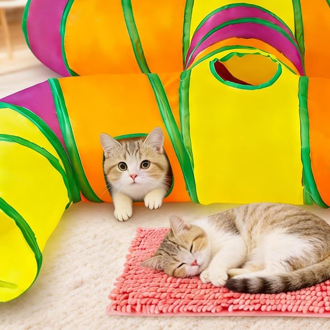 H-4-Way Collapsible Cat Bunny Tunnel, with Cushion, Indoor Entertainment, Washable Tear-Resistant Pet Hideout Tube with Interactive Playing Balls, for Kittens, Rabbits, Puppies