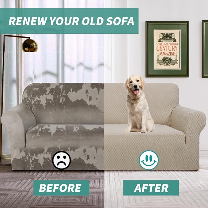 YEMYHOM Couch Cover Latest Jacquard Design High Stretch Sofa Chair Covers for Living Room, Pet Dog Cat Proof Armchair Slipcover Non Slip Magic Elastic Furniture Protector, Small (Chair, Khaki)