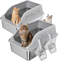 2PACK Stainless Steel Cat Litter Boxes XL Large Metal Pan Include Scoop | High Sides Lid Odor Free Easy Cleaning Anti-Scratch Anti-Urine Leakage Non-Sticky