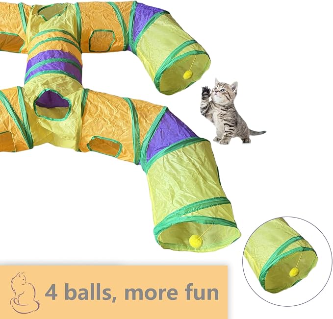 Foldable H-Shaped Cat Tunnel Toy with Interactive Playing Balls - 4 Exits for Cats, Kittens, Rabbits & Small Pets Collapsible Play Tube for Indoor Fun & Exercise (Colorful)