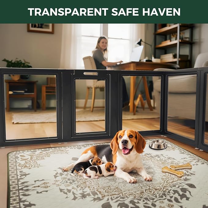 FXW AuraSpace Clear Acrylic Indoor Dog Playpen, 35" H, 12 Panels, Black | Open View, Modern Home Fit, No Climbing Bars, Tool-Free Setup, For Medium Dogs