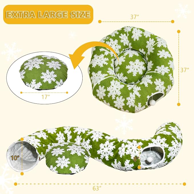 Cat Tunnel Bed for Indoor Cats - Soft Plush Donut Tunnel Bed with Snowflake Design & Washable Anti-Slip Mat, Multifunctional Playground Toys for Cats, Kittens & Small Pets.(Green)