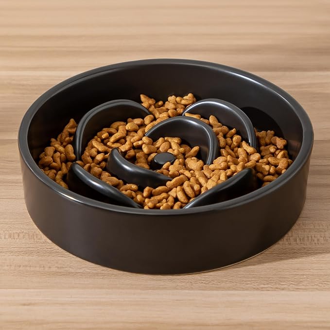 6'' Ceramic Slow Feeder Dog Bowls - Petal Shape Modern Dog Food Dish for Cats and Small Breed Dogs, Puzzle Maze Bowl to Slow Down Eating, Anti-Gulping, Dishwasher & Microwave Safe, Black