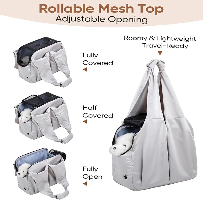 Dog Purse Carrier for Small Dogs, Cats, and Puppies – Soft-Sided Travel Pet Tote Bag with 4 Large Pockets, Foldable, Lightweight, Fits Pets up to 15 lbs, for Travel, Outings (Grey)