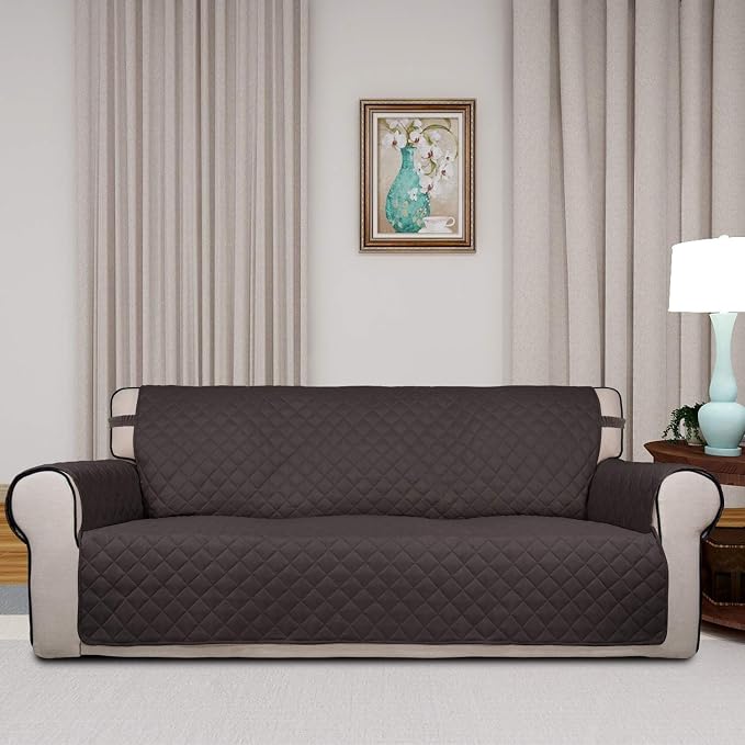 PureFit Reversible Quilted Sofa Cover, Water Resistant Slipcover Furniture Protector, Washable Couch Cover with Non Slip Foam and Elastic Straps for Kids, Pets (X Large, Chocolate/Chocolate) | Chocolate/Chocolate, Water Resistant Couch Protector, Washa...